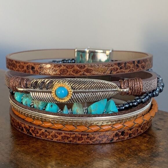 Western Multi Strand Boho Cuff Bracelet – PU Leather with Faux Turquoise - Picture 1 of 9